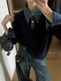 Lea | Pull en maille deux-en-un avec col en denim
