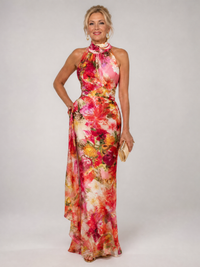 Rosalie | Vibrant Fall Floral Halter Maxi Dress
