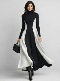 Marie | Elegante abito lungo autunnale a collo alto a contrasto