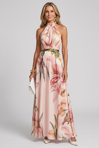 Isabelle | Elegante abito lungo autunnale con stampa floreale e scollo all'americana