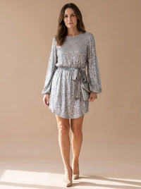 Penelope | Abito corto da festa glamour con paillettes, maniche a palloncino e cintura a fascia