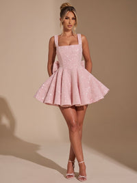 Eleanor | Glitzerndes Party-Minikleid in ausgestellter Passform mit Pailletten und Schleife