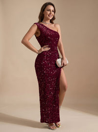 Victoria | Glamorous Sequin One-Shoulder Maxi Party Dress With High Slit