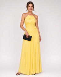 Celeste | Elegante abito lungo autunnale plissettato con stampa floreale e scollo all'americana