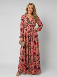 Florence | Robe longue élégante à motifs floraux, volants et col en V pour l’automne